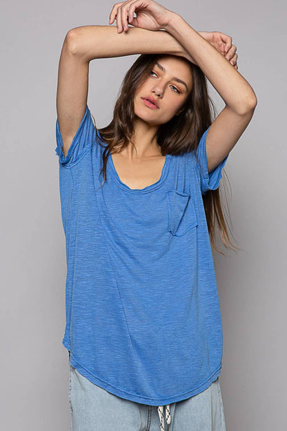 Scoop Neck Rayon Slub Tee with Pocket Front and Short Sleeve