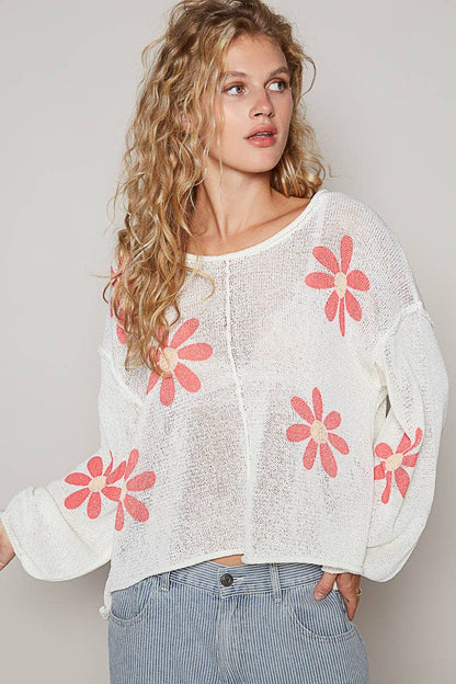 CREAM Round neck balloon sleeve floral prints sweater