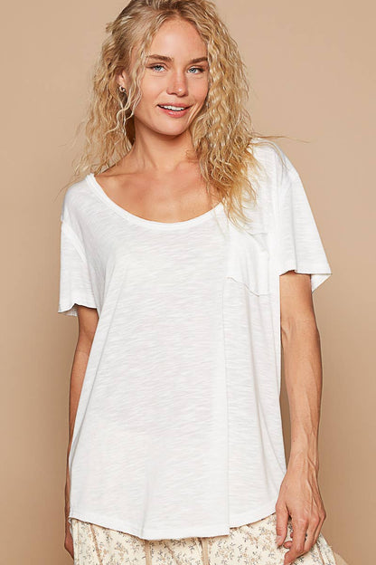 Scoop Neck Rayon Slub Tee with Pocket Front and Short Sleeve