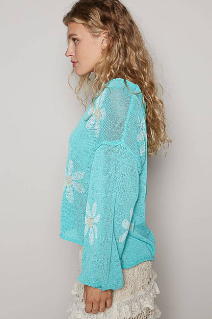 CREAM Round neck balloon sleeve floral prints sweater