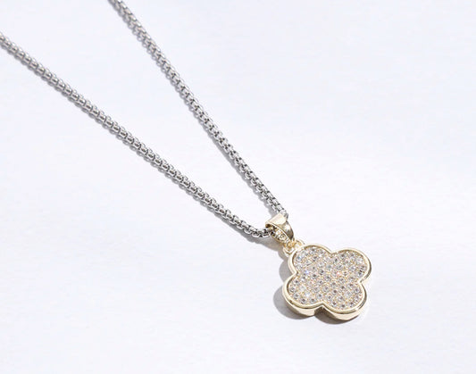 Gold Disc Clover Pave Chain Necklace