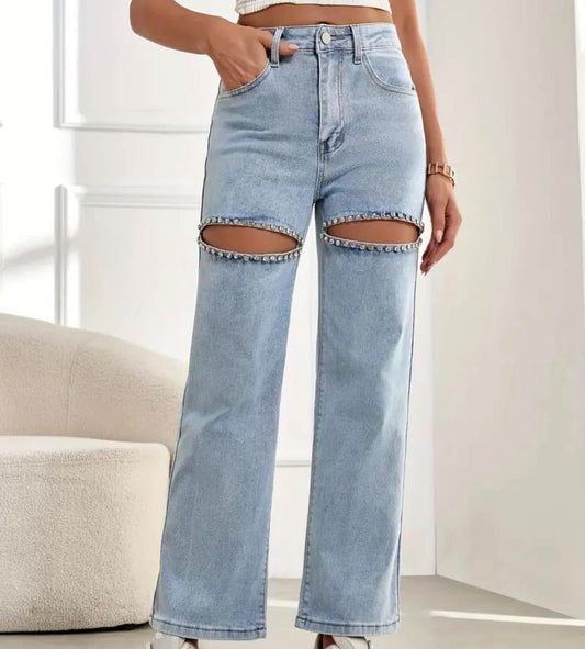 Thigh cut rhinestone jeans