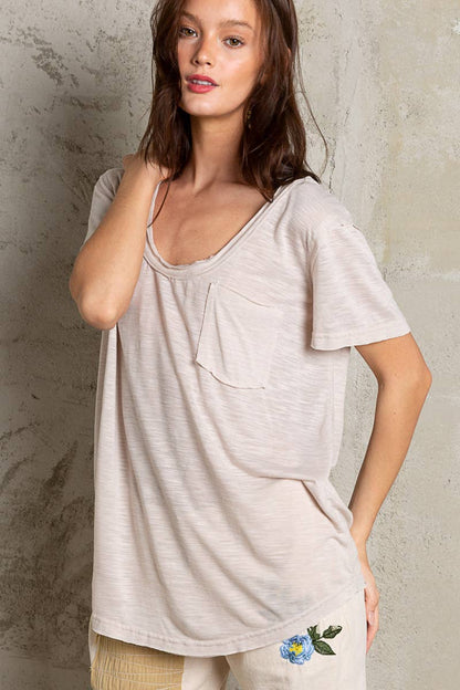 Scoop Neck Rayon Slub Tee with Pocket Front and Short Sleeve