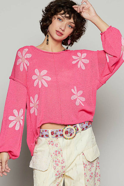 CREAM Round neck balloon sleeve floral prints sweater