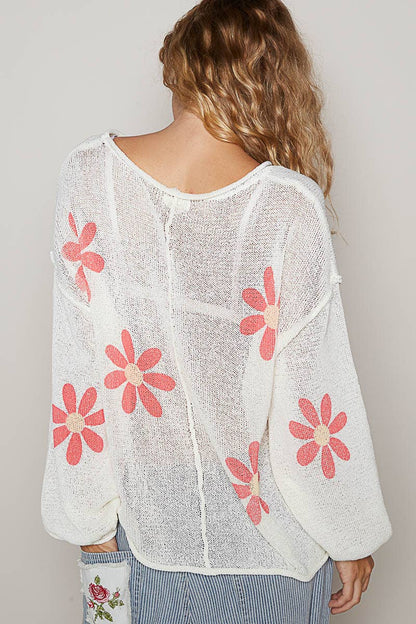 CREAM Round neck balloon sleeve floral prints sweater