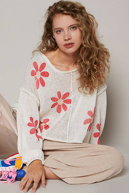 CREAM Round neck balloon sleeve floral prints sweater