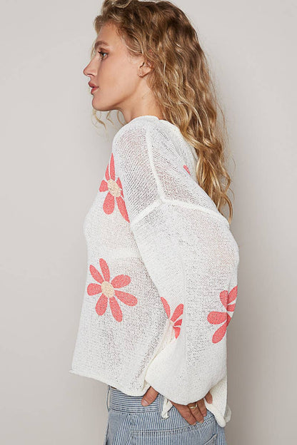 CREAM Round neck balloon sleeve floral prints sweater