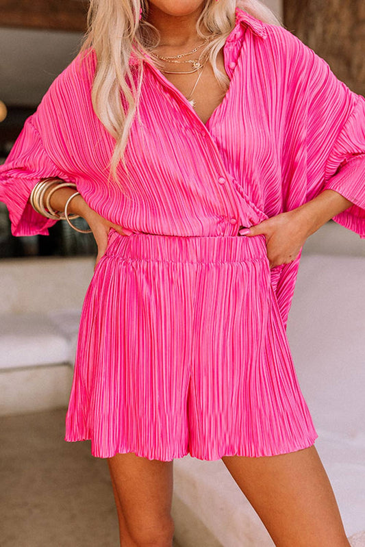 Pleated Shirt and High Waist Shorts Lounge Set