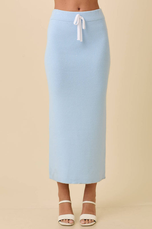 Sweater Knit Midi Skirt With Ribbon Strap Tie