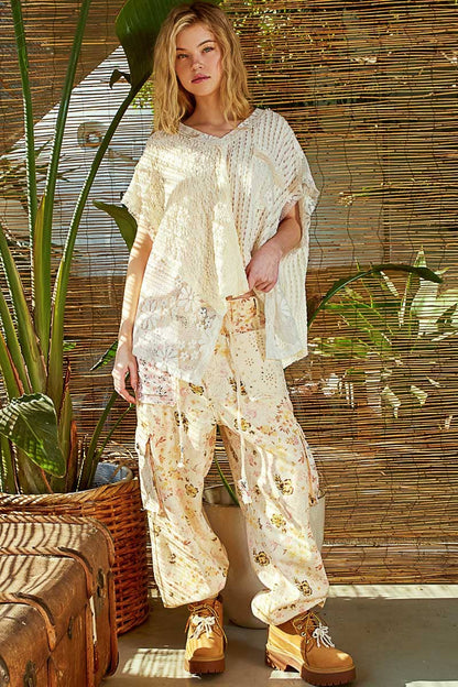 Oversize v-neck short sleeve lace front pocket woven top