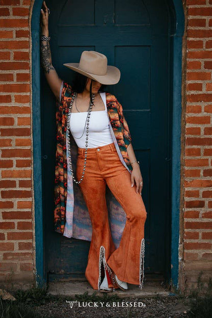 Rust Suede Flare Jeans W Rhinestone Hem Slit