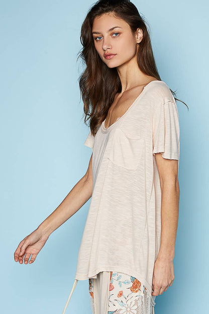 Scoop Neck Rayon Slub Tee with Pocket Front and Short Sleeve