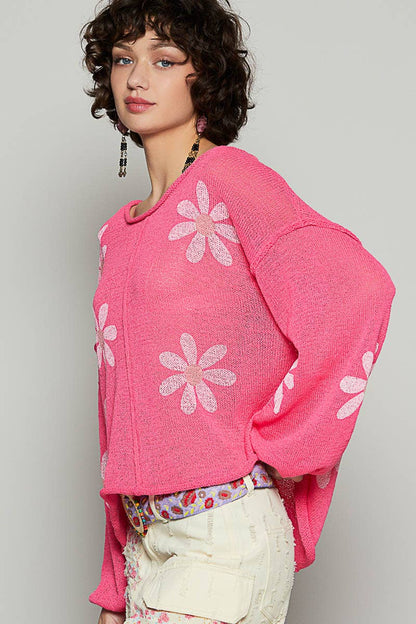 CREAM Round neck balloon sleeve floral prints sweater