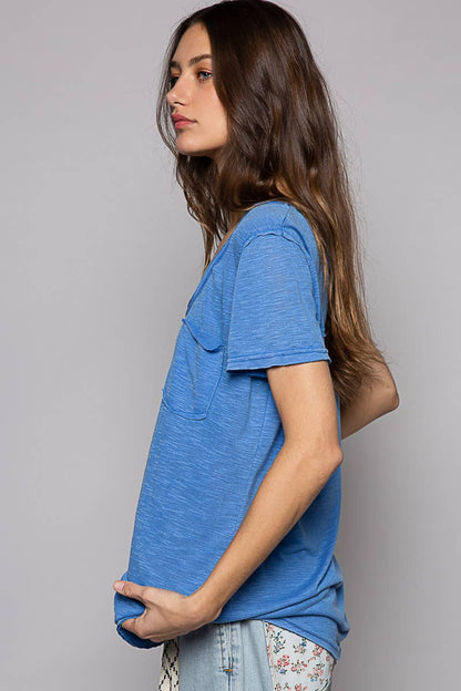 Scoop Neck Rayon Slub Tee with Pocket Front and Short Sleeve