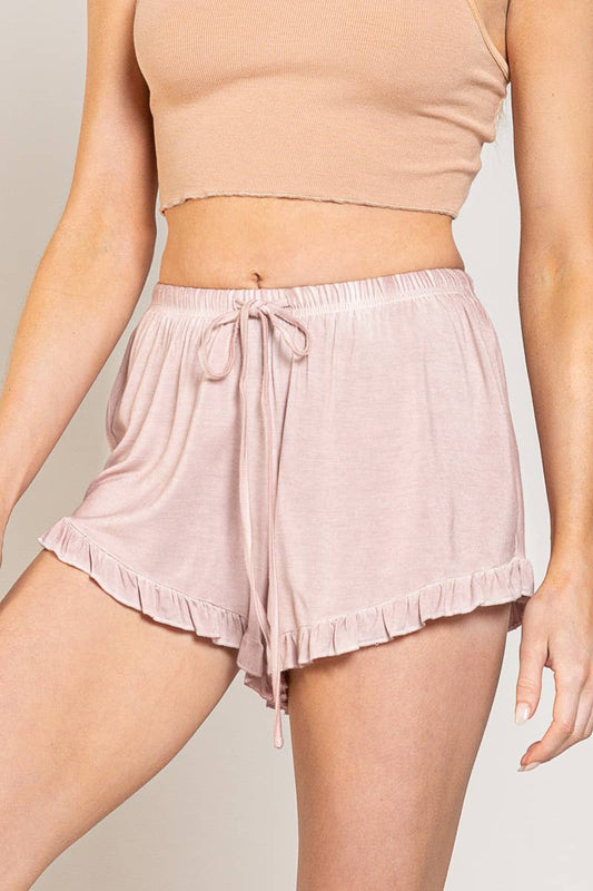 Elastic drawstring waist ruffle trim dolphin shorts